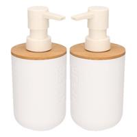 2x Witte Zeeppompjes Met Bamboe 16,5 Cm - 300 Ml - Badkamer/toilet Accessoires - Zeeppompjes Navulbaar