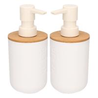 2x Witte Zeeppompjes Met Bamboe 16,5 Cm - 300 Ml - Badkamer/toilet Accessoires - Zeeppompjes Navulbaar