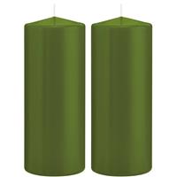 2x Olijfgroene Cilinderkaarsen/stompkaarsen 8 X 20 Cm 119 Branduren - Geurloze Kaarsen Olijf Groen - Woondecoraties