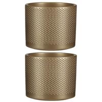 2x Stuks Bloempot In Kleur Relief Goud Keramiek Voor Kamerplant H13 X D15 Cm- Plantenpotten Binnen