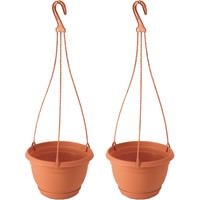 2x Stuks Terracotta Ophang Bloempot/plantenpot Kunststof Met Schotel 1,2 Liter - 18 Cm - Tuin Hangdecoratie