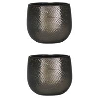 Set Van 2x Stuks Keramiek Aardewerk Bloempotten Van 16 X 18 Cm In Het Geribbeld Brons - Mica Decorations Plantenpotten