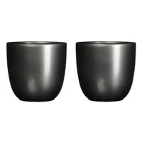 2x Stuks Bloempotten Glans Antraciet Grijs Keramiek Voor Kamerplant H9 X D10 Cm - Mica Decorations Plantenpotten