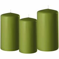 Set Van 3x Stuks Olijf Groene Stompkaarsen 10-12-15 Cm Met Diameter 6 Cm - Sfeer Kaarsen Voor Binnen