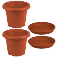 2x Stuks Ronde Plantenpotten Terra Cotta Met Opvangschaal Met Diameter 26 Cm - Kunststof - Buiten Gebruik