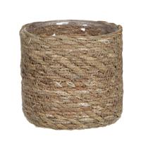 Mica Decorations Naturel Bruin Rotan Planten/bloemen Pot Mand Van Gedraaid Jute/riet/zeegras H12 En D12 Cm - Met Plastic Binnenkant