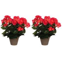 Mica Decorations 2x Stuks Donkerroze Begonia Kunstplant Met Bloemen 30 Cm In Grijze Pot - Kunstplanten/nepplanten - Voor Binnen
