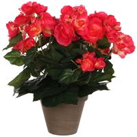 Mica Decorations Donkerroze Begonia Kunstplant Met Bloemen 30 Cm In Grijze Pot - Kunstplanten/nepplanten - Voor Binnen