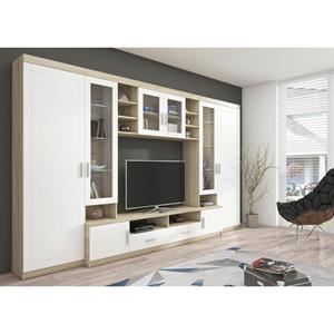 TOP Wohnwand Paris Anbauwand Wohnkombi Wohnzimmer MDF Weiss + Sonoma Eiche matt