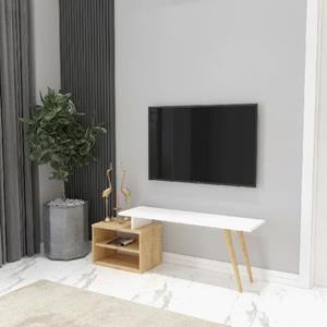 Gold TV-Schrank - Modern - mit Regalen, Regale - fuer das Wohnzimmer - Weiss, Eiche aus Holz, 125,2 x 29,5 x 42,8 cm