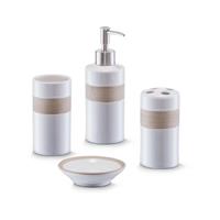 Zeller Badkamer/toilet Accessoires Set 4-delig - Keramiek - Wit/beige - Badkameraccessoireset