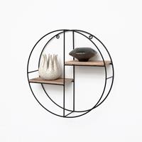 ivol Zwart metalen wandrek met 2 houten plankjes - Rond - 37x10 cm