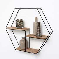 ivol Zwart metalen wandrek met 3 houten plankjes - Zeshoek - 48x55x10 cm