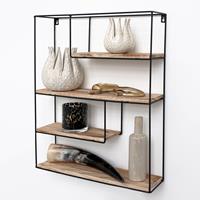 ivol Zwart metalen wandrek met 4 houten plankjes - Rechthoek - 55x45x11 cm