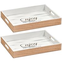 Set Van 2x Stuks Houten Dienbladen Bruin/wit 40 X 30 X 5,5 Cm - Serveerbladen - Decoratie Dienbladen Van Hout