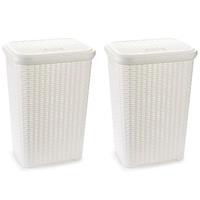 Forte Plastics 2x Stuks Grote Rotan Wasmand/opbergmand Met Deksel 60 Liter In Kleur Wit - Kunststof - L35 X B43 X H62 Cm - Wasmanden