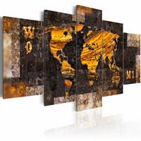 Schilderij - Wereldkaart - Wereld van Goud, 5luik , bruin oranje , wanddecoratie , premium print op canvas