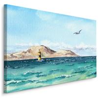 Karo-art Schilderij Vuurtoren in de zee (print op canvas), blauw, premium print