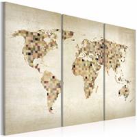 Karo-art Schilderij - Wereldkaart - Beige tinten van de Wereld, 3luik , premium print op canvas