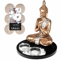 Boeddha Beeld Voor Binnen 20 Cm Met 12x Geurkaarsen Cotton Blossom - Buddha Beeldje Met Theelichtjes/waxinelichtjes