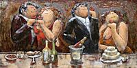 Karo-art Schilderij - Metaalschilderij - Dikke dames in gezelschap , 120x80cm