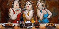 Karo-art Schilderij - Metaalschilderij - Dikke dames aan de wijn, 120x80cm