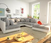 DELIFE Wohnlandschaft Clovis Weiss Hellgrau Modulsofa Hocker