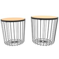 Set Van 2x Stuks Bijzettafels Rond Metaal/hout Zwart 42 X 42 Cm - Home Deco Meubels En Tafels