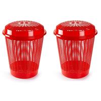 Forte Plastics 2x Stuks Ronde Wasmanden/opberg Mand Met Deksel 50 Liter In Het Rood - Opbergmanden - Kunststof Wasmanden