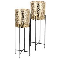 Bellatio Set Van 2x Stuks Plantenpot Goud Op Metalen Standaard - 45 Cm Hoogte - Plantenpotten