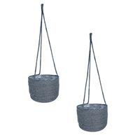 Set Van 2x Stuks Hangende Plantenpot/bloempot Van Jute/zeegras Diameter 17 Cm En Hoogte 14 Cm Grijs - Plantenpotten