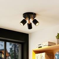 Lindby plafondspot Junes, 3-lamps, Ø 30 cm, zwart, hout