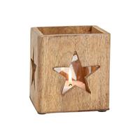 Bellatio 1x Stuks Houten Windlichtje/theelichthouders Met Ster 12 Cm - Waxinelichtjeshouders