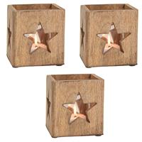 Bellatio 3x Stuks Houten Windlichtje/theelichthouders Met Ster 12 Cm - Waxinelichtjeshouders