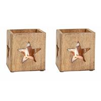 Bellatio 2x Stuks Houten Windlichtje/theelichthouders Met Ster 12 Cm - Waxinelichtjeshouders