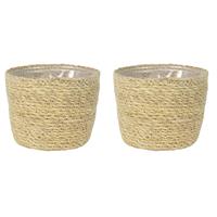 Set Van 2x Stuks Plantenpot/bloempot Van Jute/zeegras Diameter 15 Cm En Hoogte 12 Cm Creme Beige - Plantenpotten