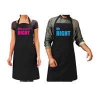 Bellatio Mr Right En Mrs Always Right Cadeau Schorten Set Zwart En Blauw/roze Volwassenen - Cadeau Bruiloft - Feestschorten