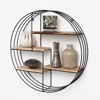 ivol Zwart metalen wandrek met 4 houten plankjes - Rond - 50x11 cm