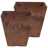 Set Van 2x Stuks Bloempot/plantenpot Vierkant Van Gerecycled Kunststof Terra Bruin D20 En H20 Cm - Plantenbakken