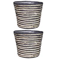 Set Van 2x Stuks Naturel Zwart Rotan Planten Pot Mand Van Gedraaid Jute/riet H16 En D19 Cm - Plantenpotten