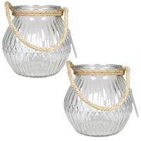 Set Van 2x Stuks Glazen Ronde Windlichten Crystal 2,5 Liter Met Touw Hengsel/handvat 16 X 14,5 Cm - Vazen