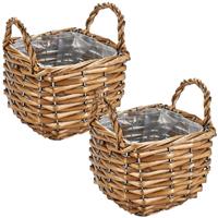 Set Van 2x Stuks Bloempotten/plantenbakken Riet/rotan Mand Met Handvaten Vierkant 15 X 15 X 14 Cm - Plantenbakken