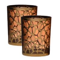 Bellatio 2x Stuks Theelichthouders/waxinelichthouders Giraffe Print Glas Goud 12.5 X 10 Cm - Waxinelichtjeshouders