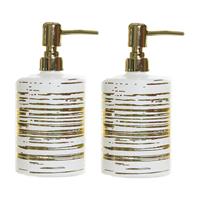 2x Stuks Zeeppompjes/zeepdispensers Wit Met Gouden Strepen Van Glas 450 Ml - Zeeppompjes