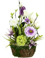 I.GE.A. Kunstbloem Arrangement ranonkel/Lysianthus Plantenschaal van schors met mos