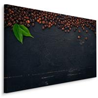 Karo-art Schilderij - Koffiebonen op een Zwart Houten Tafel, Premium Print