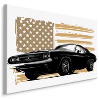 Karo-art Schilderij - Een Amerikaanse Muscle car tegen een beige Amerikaanse vlag, Premium Print
