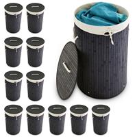 RELAXDAYS 12 x Wäschekorb Bambus, faltbare Wäschetonne mit Deckel, Volumen 70 Liter, Wäschesack Baumwolle, rund Ø 41 cm, schwarz