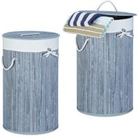 RELAXDAYS 2 x Wäschekorb Bambus, faltbare Wäschetonne mit Deckel, Volumen 70 Liter, Wäschesack Baumwolle, rund Ø 41 cm, grau
