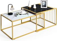 costway Set van 2 Moderne Nesttafel Stapelbare Zij Koffietafel Waterdicht Gemarmerde Tafelblad Vrije Combinatie Industrieel Ontwerp
